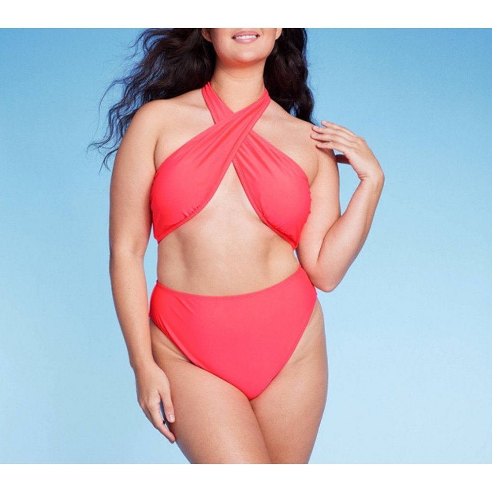 Wild Fable Cross Front Halter One Piece Swimsuit Coral NWT Size XL